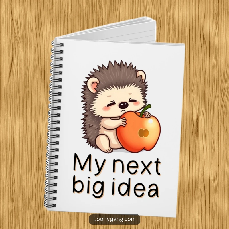 Funny hedgehog cub looking comically bewildered while balancing an apple on its nose, perfect for a notebook cover.