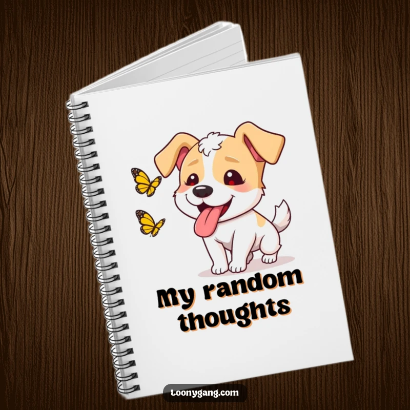 Funny dog butterfly notebook featuring a goofy dog with its tongue hanging out, chasing a butterfly, ideal for notes with humor.