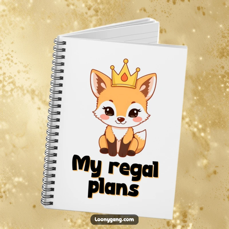Funny fox cub wearing a tiny crown looking proud on a notebook cover, a creative and funny gift.