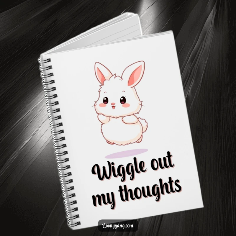 Funny bunny notebook featuring a fluffy white rabbit doing an exaggerated wiggle hop, perfect for capturing notes and ideas.