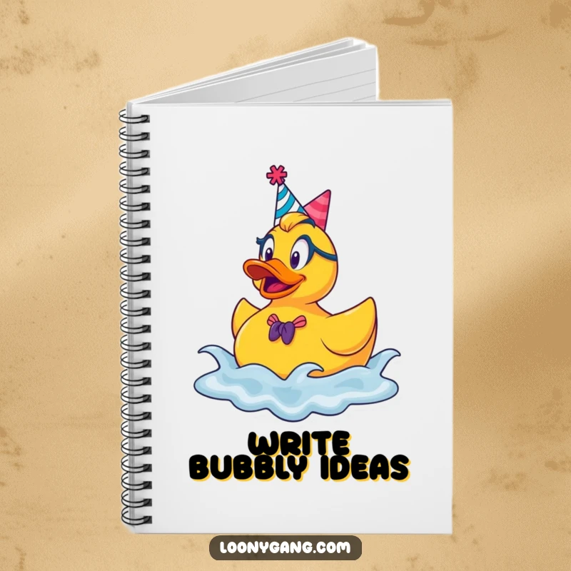 Funny rubber ducky party notebook, a goofy duck with a hat bouncing on waves, perfect for jotting down fun ideas.