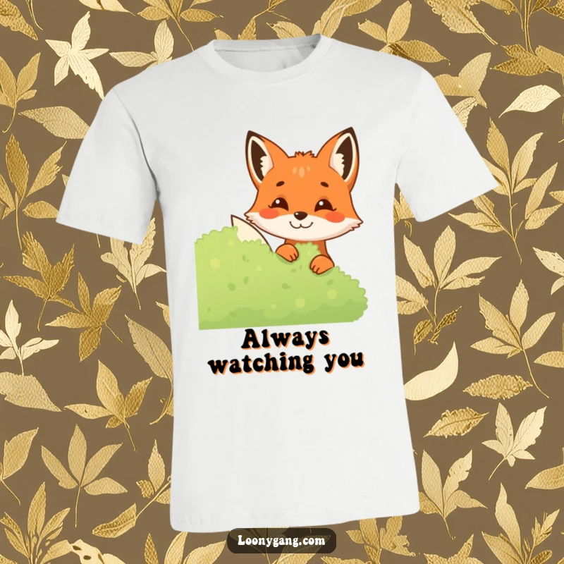 Funny Fox T-Shirt depicting a sly fox peeking from behind foliage with a mischievous smile, ideal for those with a playful and clever personality.