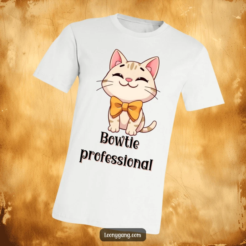 Funny cat bowtie t-shirt with a grinning cartoon cat sporting a large, comical bowtie in a funny pose, ideal for casual wear.