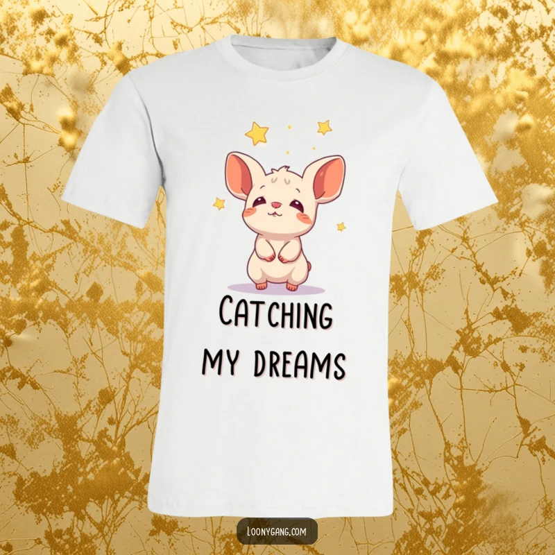 Funny short animal with huge cupped ears trying to catch falling stars on a t-shirt.