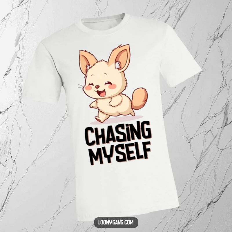 Funny t-shirt of a giggling, furry creature with huge ears, joyfully and comically spinning in pursuit of its own tail.