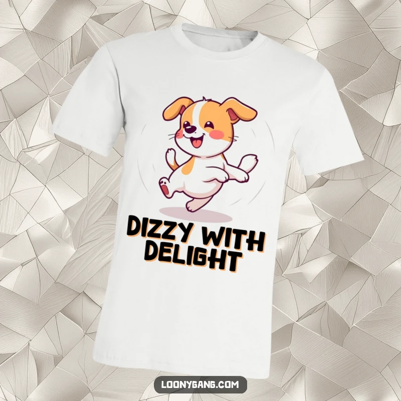 Funny Wobbly Dog T-Shirt depicting a dog gleefully chasing its tail in a dizzy circle, a humorous and energetic design.