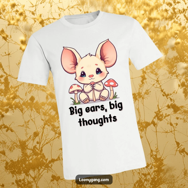 Funny big ears t-shirt showing a creature with oversized ears intensely listening to a tiny mushroom, highlighting curiosity.