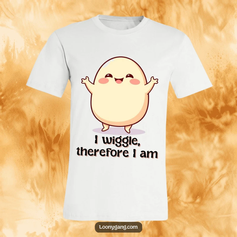 Funny Blob Jig T-Shirt showcasing a round, smiling blob character in the midst of a hilariously energetic jig, bringing a smile to everyone.