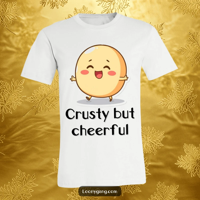 Funny Bread Roll Skip T-Shirt depicting a cheerful, round bread roll character enthusiastically attempting a skip, showcasing pure, unadulterated joy.