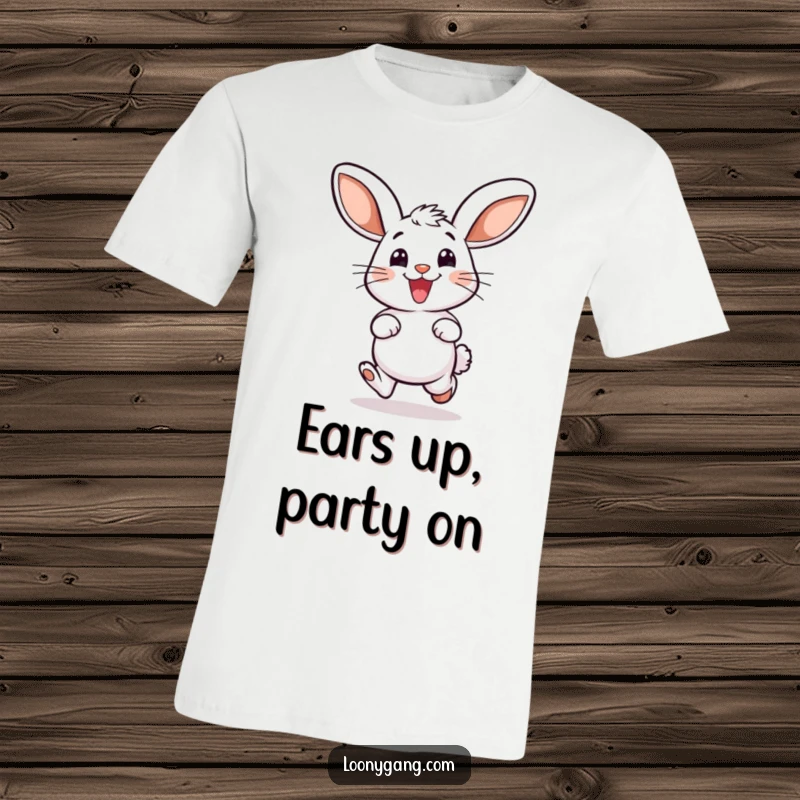 Funny t-shirt featuring a smiling bunny with comically large ears, performing a delighted hop with enthusiasm and charm.