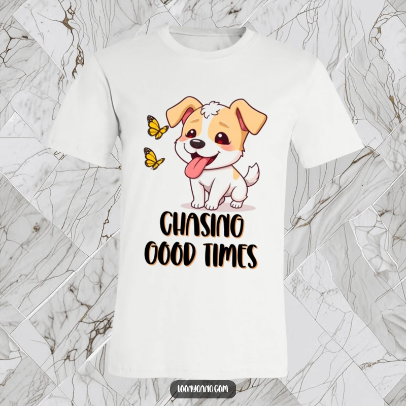 Funny dog chasing butterfly t-shirt with a goofy dog, tongue out, joyfully pursuing a butterfly in a playful scene.