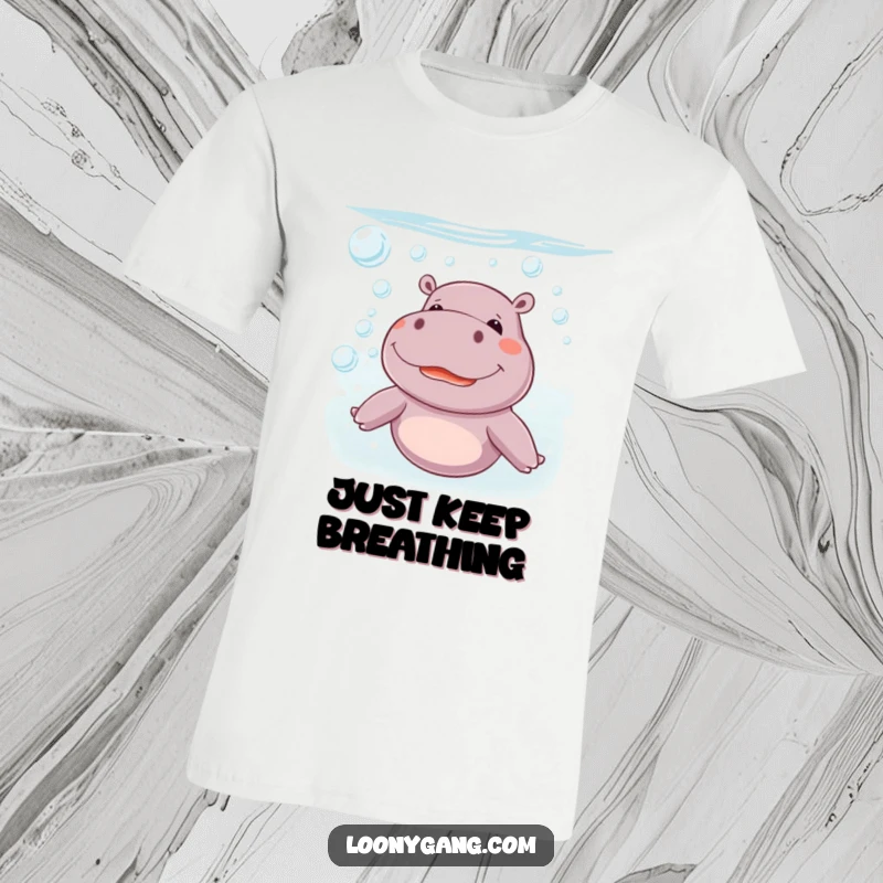 Funny giggling hippo wearing a smile while blowing colorful bubbles underwater, a hilarious t-shirt for a funny gift.