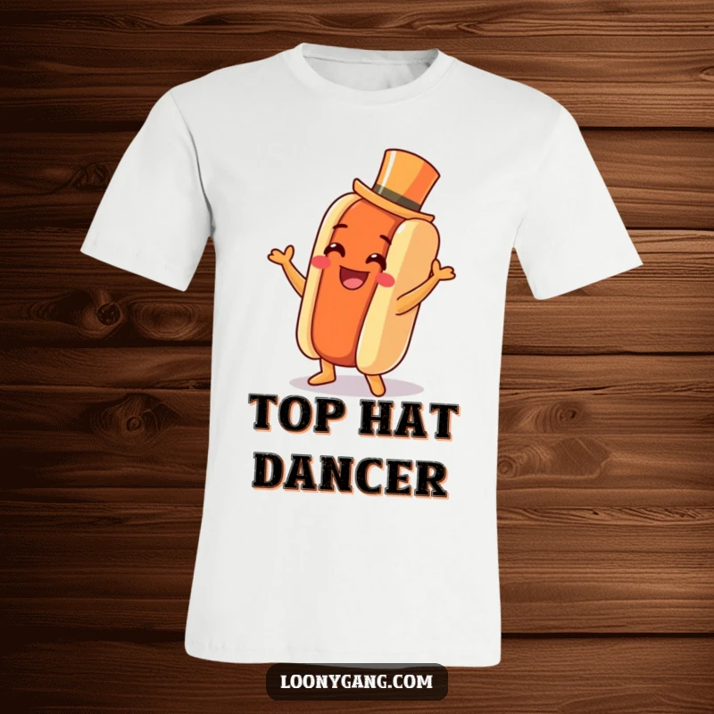 Funny Hot Dog Jig T-Shirt: A grinning hot dog with a tiny top hat dances a jig, perfect for festive humor.