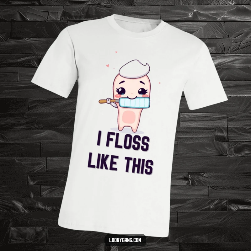 Funny animated toothbrush with a huge, silly grin brushing air, showcasing pure cartoonish joy on a t-shirt.