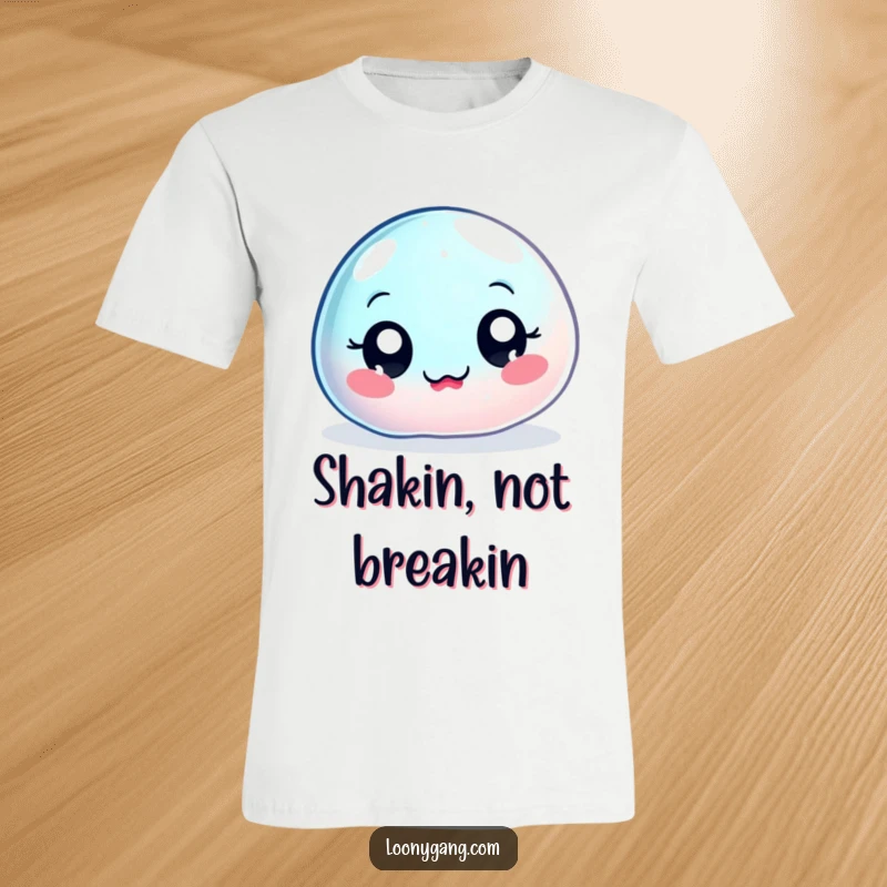 Funny wobbly jelly blob t-shirt, a big-eyed, gelatinous character in a state of hilarious, uncontrolled wobbling.