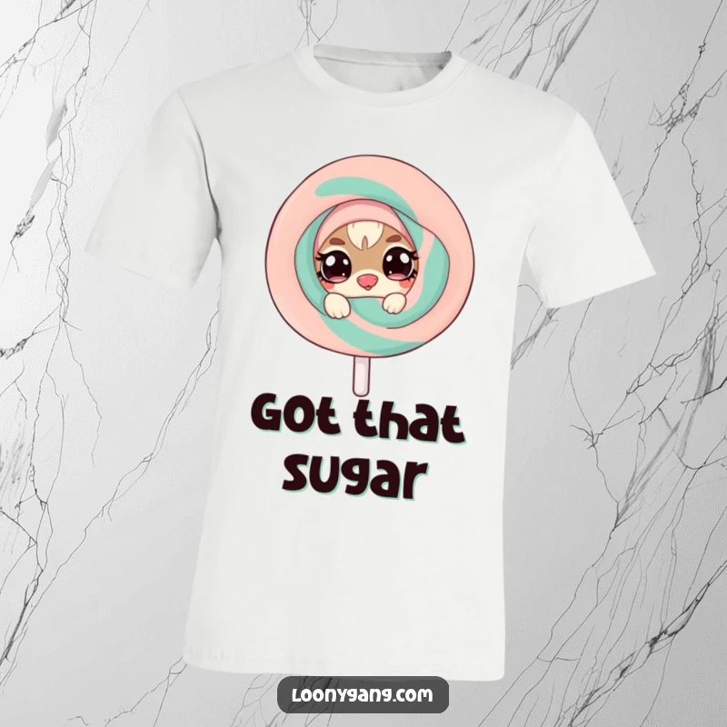 Funny t-shirt graphic of a mischievous small creature with wide, twinkling eyes peeking from behind a huge, wobbly lollipop, suggesting playful secrets.