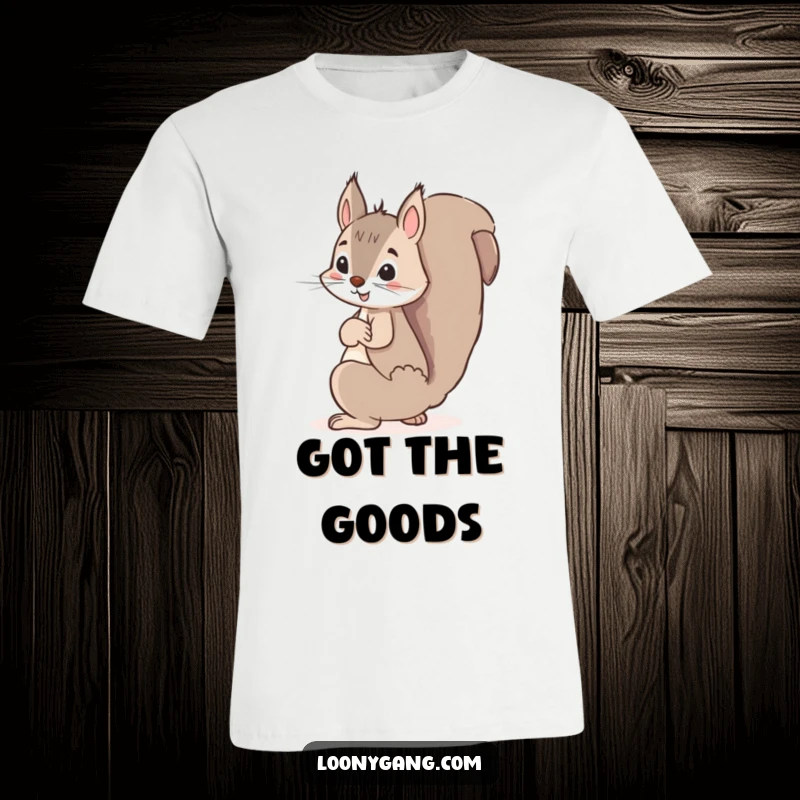 Funny squirrel t-shirt, a mischievous squirrel stealthily hiding a giant acorn behind its back, embodying playful secrets.