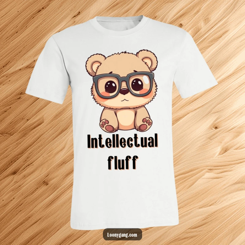 Funny bear cub sporting oversized glasses, peering curiously, printed on a humorous and intelligent-looking t-shirt.