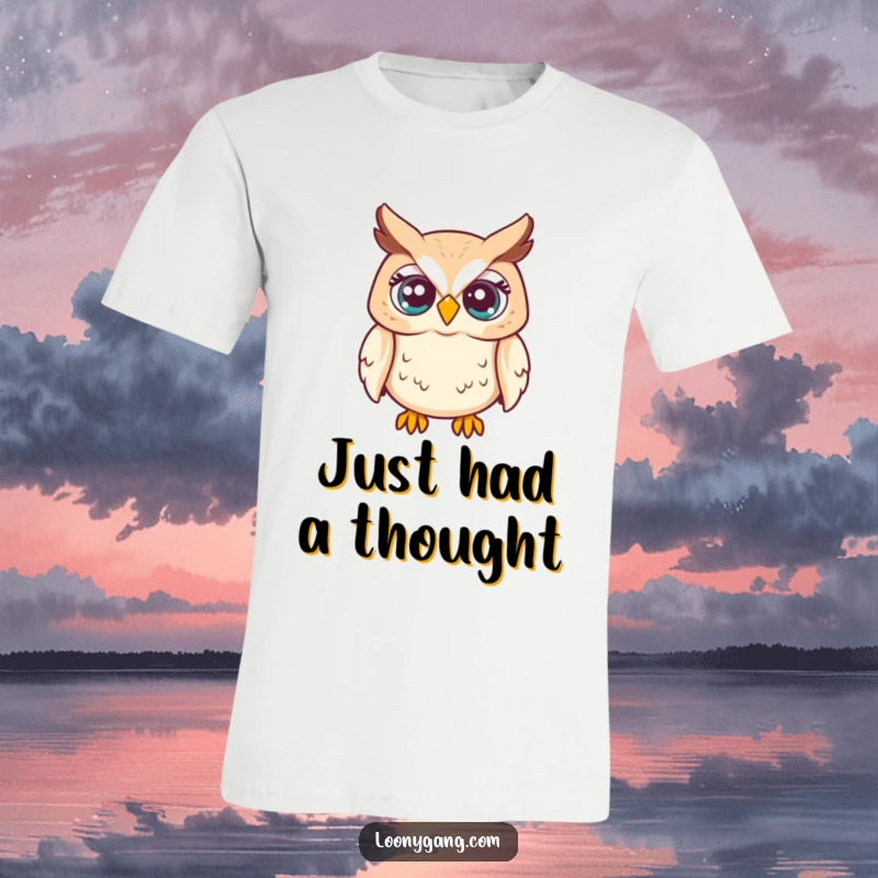 Funny t-shirt graphic of an owl with eyes popping out, showing surprise and humor, ideal funny gift.