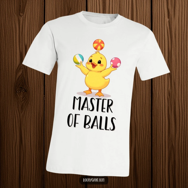 Funny yellow duckling t-shirt featuring a happy duckling skillfully juggling colorful balls, radiating pure, unadulterated fun. A great gift.