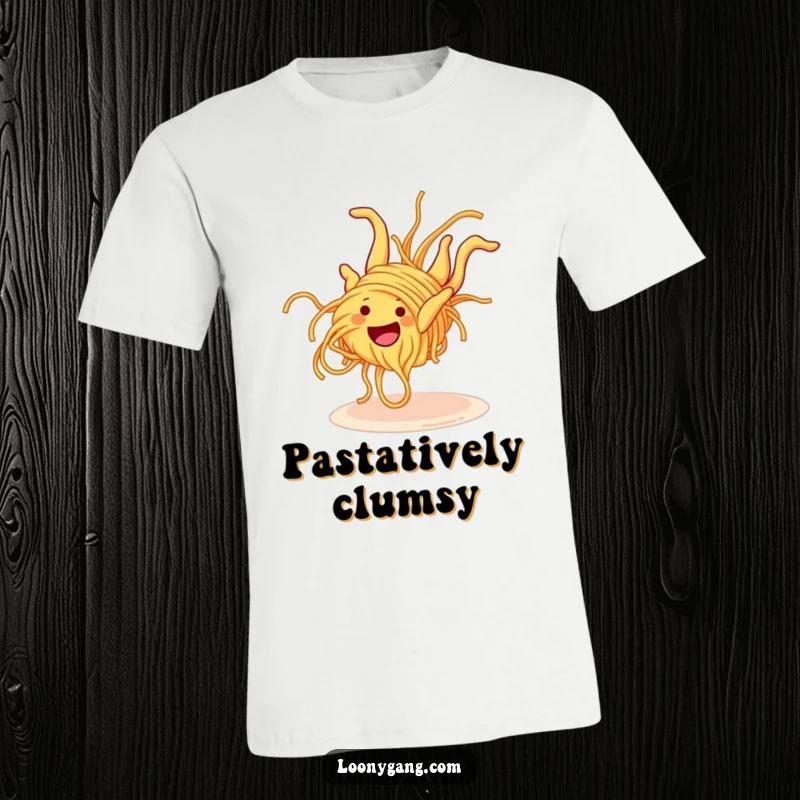 Funny Spaghetti Somersault T-Shirt depicting a grinning spaghetti noodle attempting a clumsy somersault with humorous effort and pasta-licious charm.