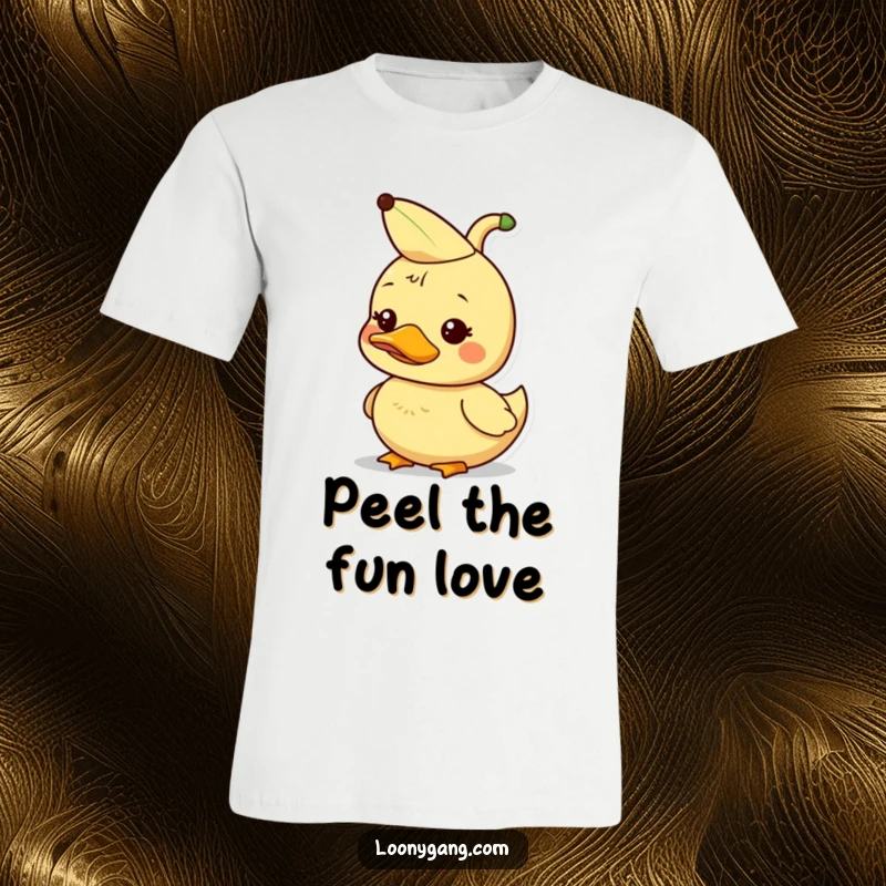 Funny dorky duckling wearing a banana peel on its head, silly fashion, funny t-shirt.