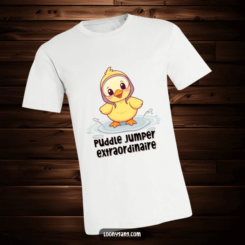 Funny t-shirt showing a happy duckling in galoshes splashing gleefully in a puddle, radiating happiness.