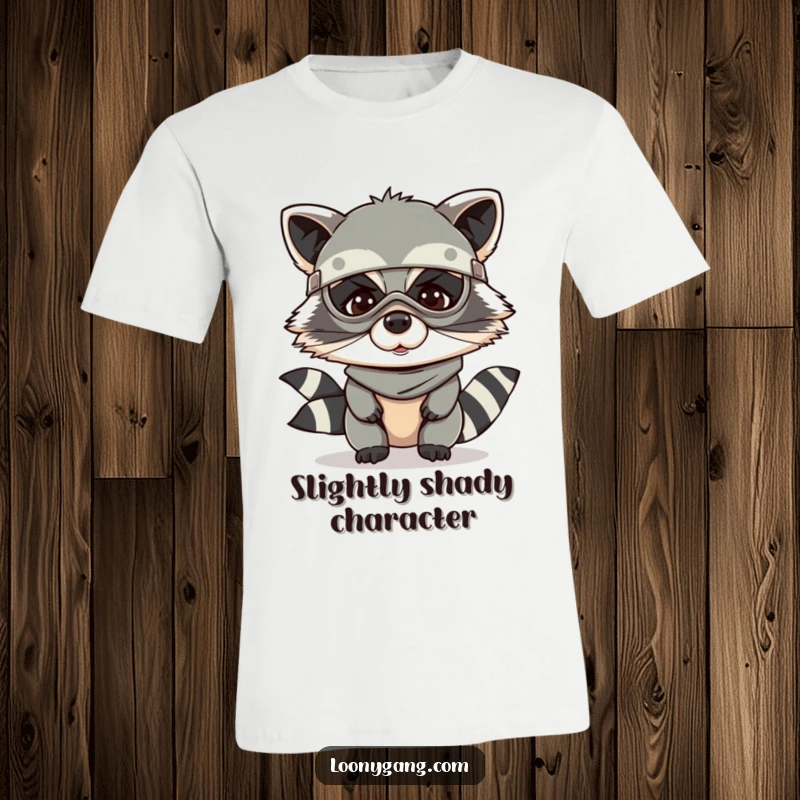 Funny raccoon t-shirt featuring a giggling raccoon in a bandit mask, conveying mischief and playful energy.