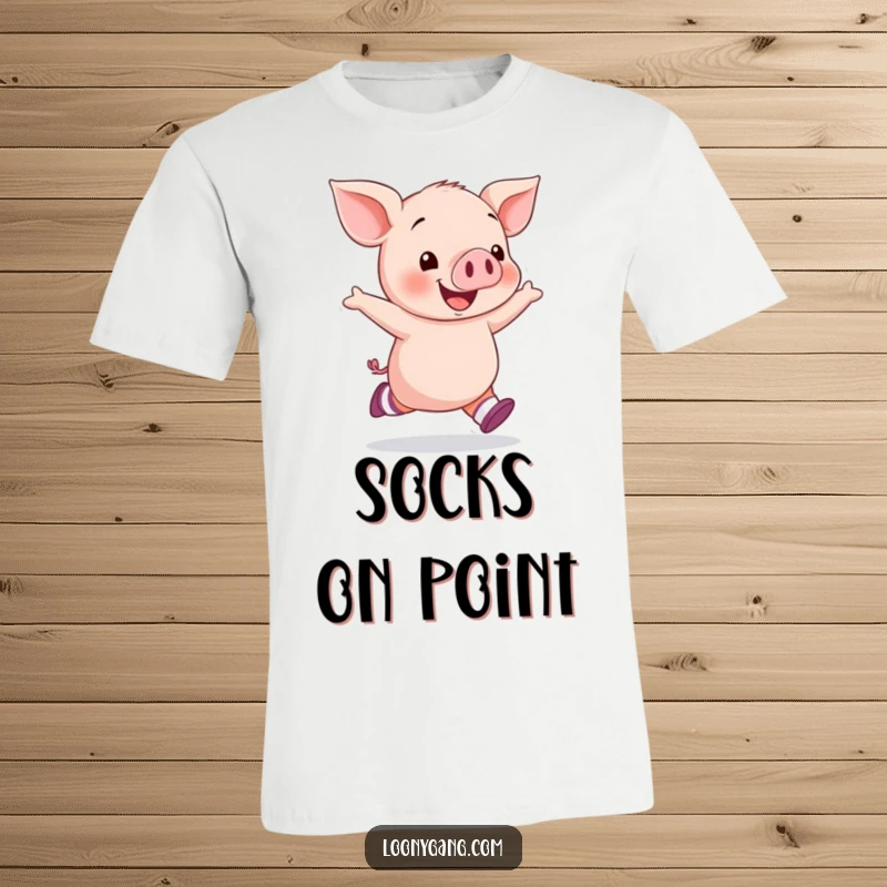 Funny piglet socks t-shirt with a happy piglet skipping energetically, wearing two different colored socks, for playful style.