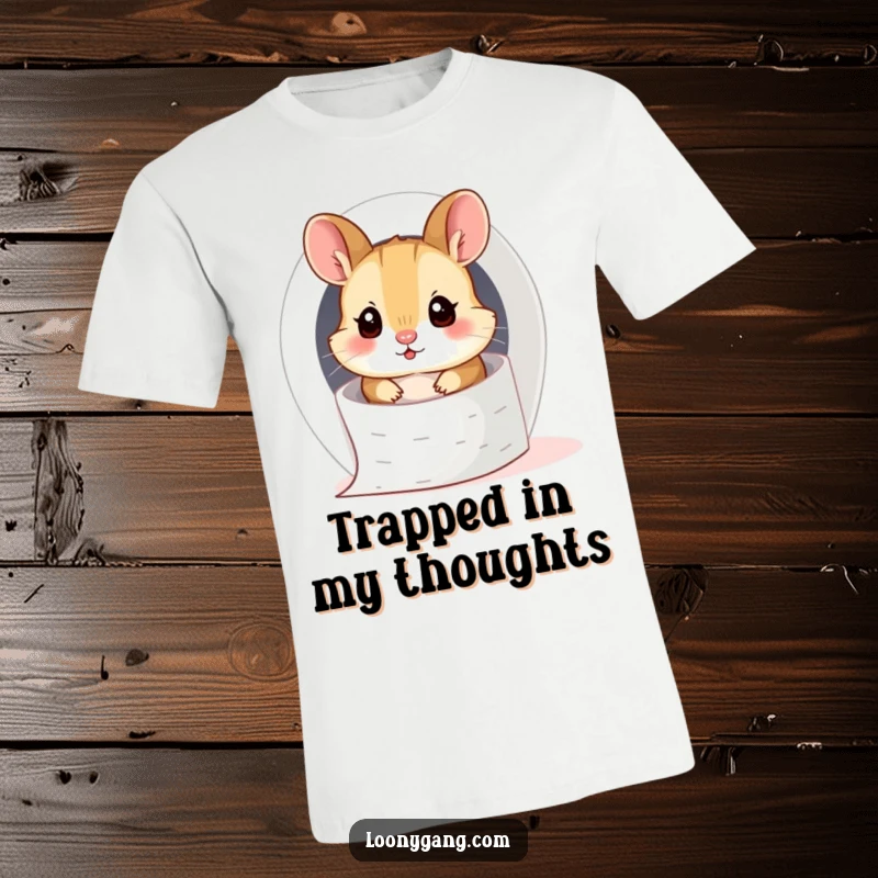 Funny hamster cub comically wedged inside a toilet paper roll, perfect for a humorous and relatable t-shirt.