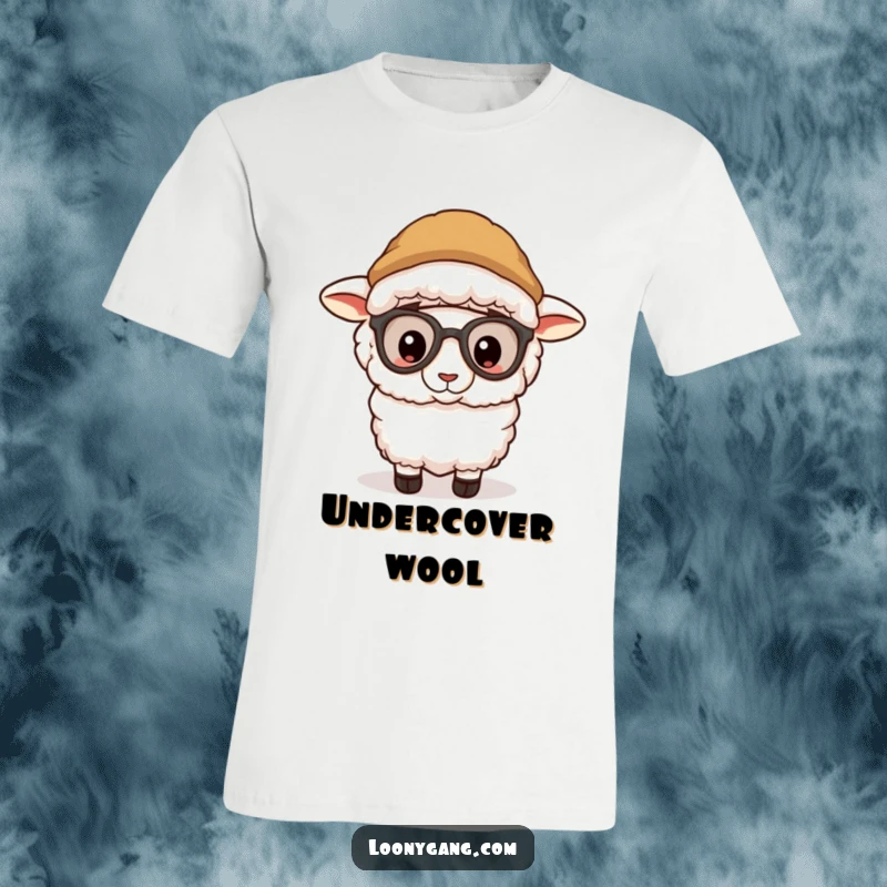 Funny sheep sporting a ridiculous disguise and peeking out playfully on a t-shirt, a hilarious and funny gift.