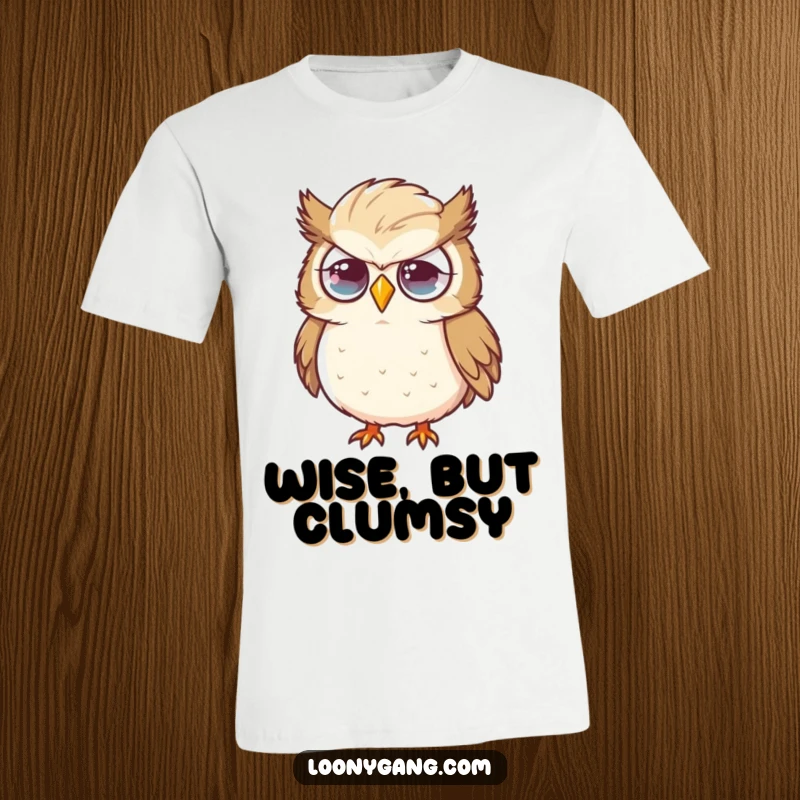 Funny owl t-shirt featuring a flustered expression and a comically oversized feather, capturing a moment of charming bewilderment. A funny statement piece.