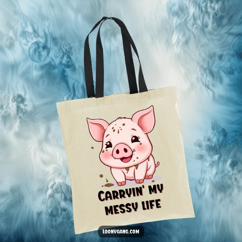 Funny Muddy Piglet Tote Bag depicting a joyful piglet happily covered in mud splatters. A practical and amusing accessory.