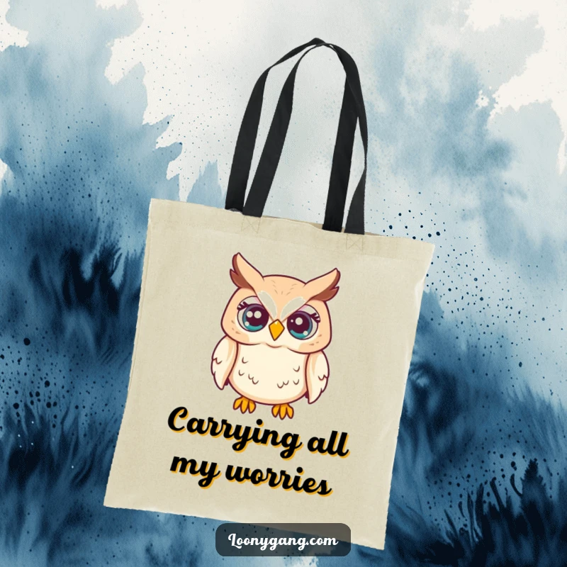 Funny tote bag featuring a startled owl with eyes popping out, perfect for shopping, great funny gift.