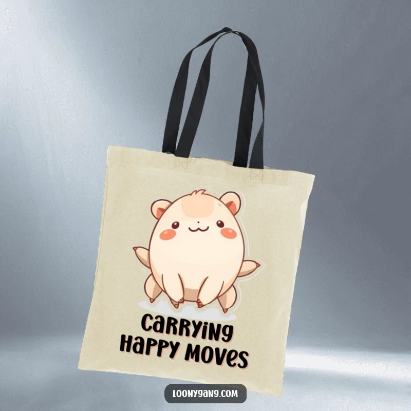 Funny smiling creature with six short legs wiggling rhythmically, a humorous tote bag.