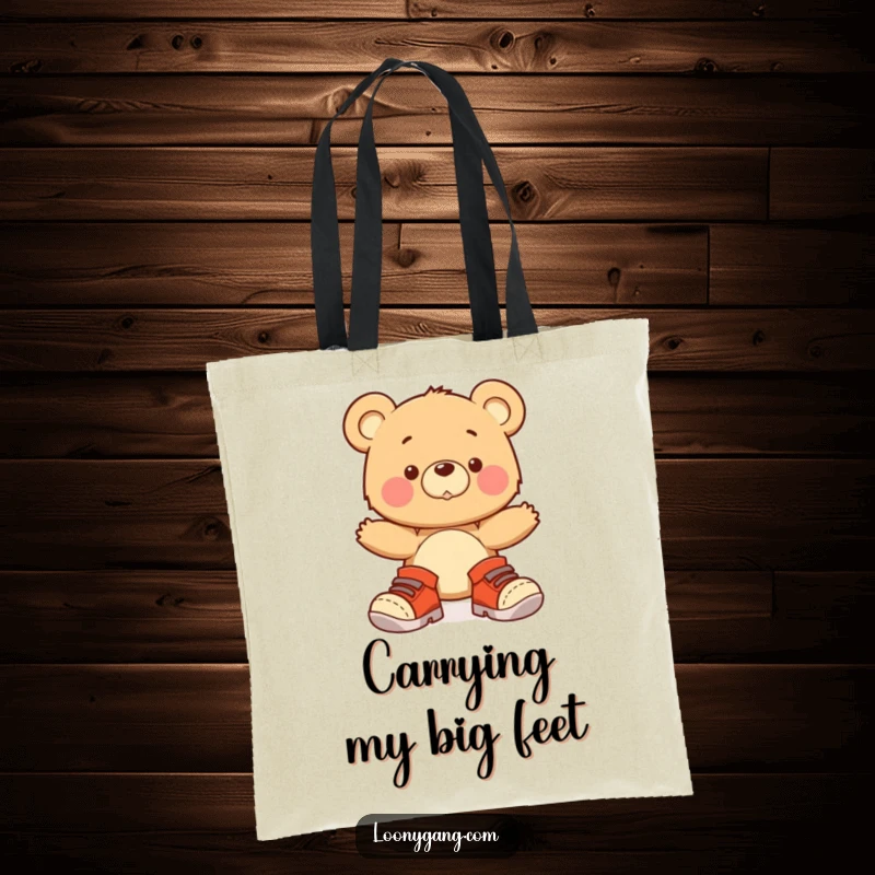 A durable tote bag featuring a funny bear cub wearing comically large shoes, wobbling along with a determined, cute look.