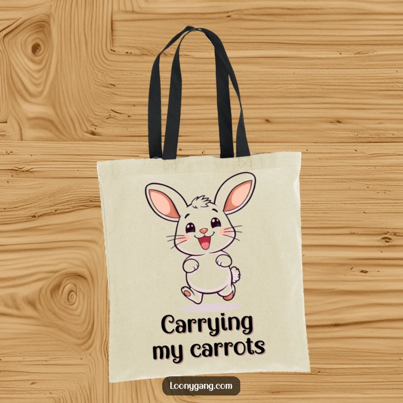Funny tote bag depicting a smiling bunny with oversized ears, doing a delighted hop, ready for daily adventures.
