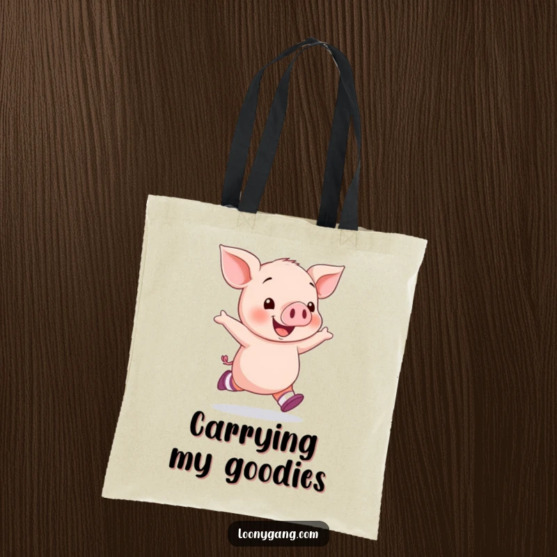 Funny piglet socks tote bag showing a happy piglet skipping joyfully, wearing mismatched socks, perfect for everyday use.
