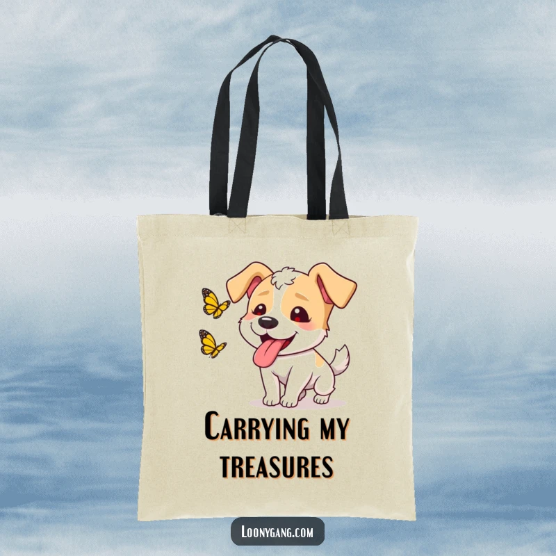 Funny dog butterfly tote bag showing a goofy dog with its tongue hanging out, chasing a butterfly, perfect for everyday use.
