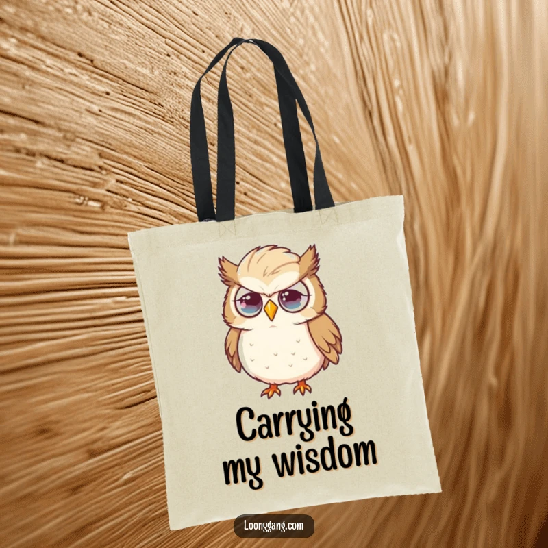 Funny owl tote bag featuring a flustered expression and a large feather, perfect for anyone who appreciates a touch of humorous disarray. A functional funny accessory.
