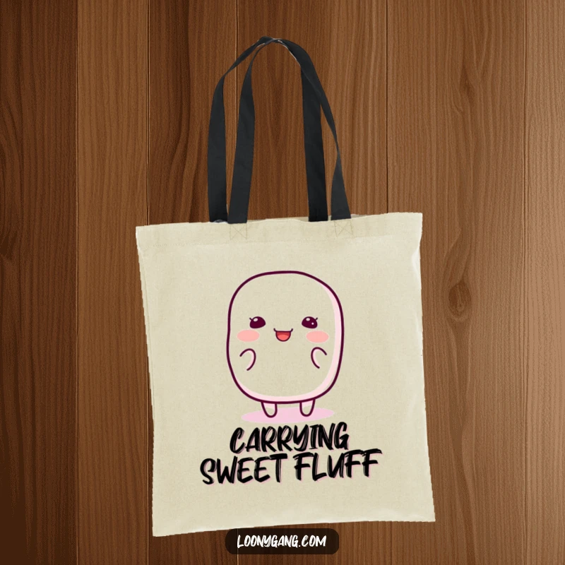 Funny Marshmallow Wiggle Tote Bag showcasing a happy, jiggly marshmallow character wiggling with pure silliness, ideal for carrying items with adorable flair.