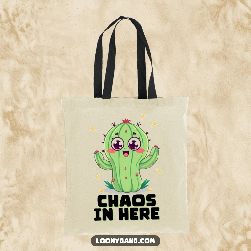 Funny tote bag showcasing a mad cactus with googly eyes spinning wildly, creating a vortex of pure amusement. A practical and comical accessory.