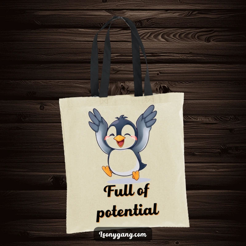 A durable tote bag featuring a funny penguin cub comically flapping its wings in an ambitious, yet unsuccessful, flight attempt.