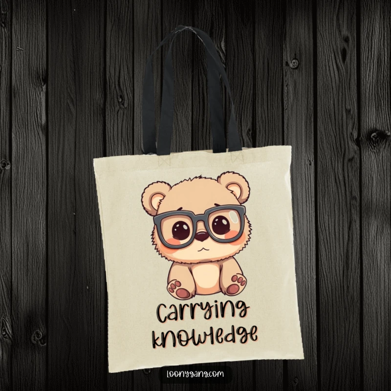 Funny bear cub wearing oversized glasses, peering around with a silly, inquisitive look, on a stylish tote bag.