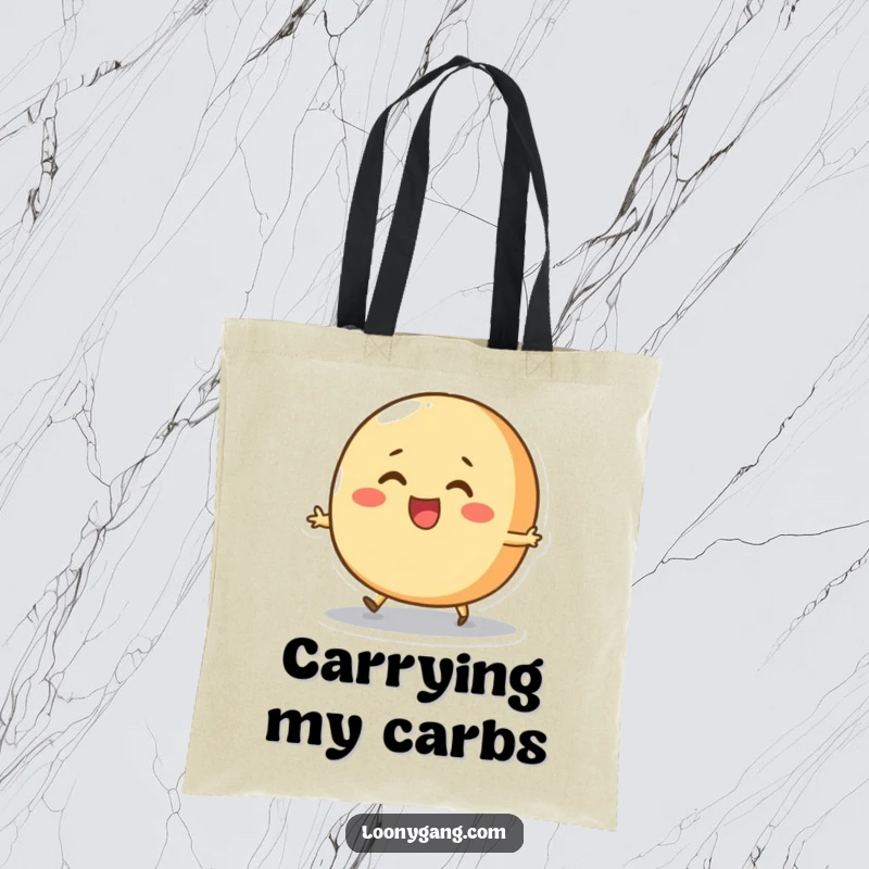 Funny Bread Roll Skip Tote Bag showcasing a round, cheerful bread roll character joyfully attempting to skip, ideal for carrying items with wholesome flair.