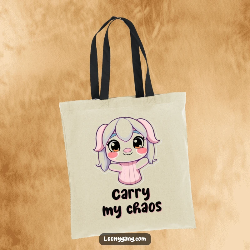 Funny Derpy Sock Puppet Tote Bag: A derpy sock puppet with mismatched, wiggling eyes, perfect for carrying items with playful humor.