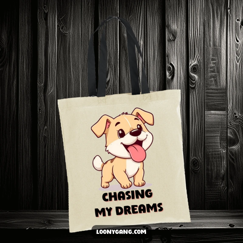 Funny cartoon dog, tongue hanging out, chasing its tail in a dizzying spin, on a stylish tote bag.