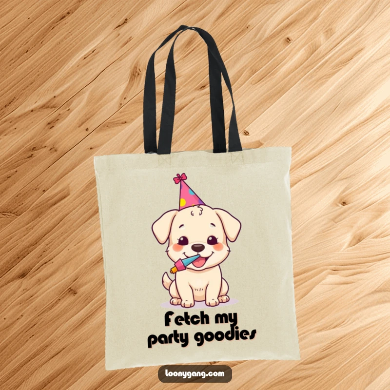 Funny tote bag with a happy dog sporting a party hat and noisemaker, embodying a spirit of fun and celebration.