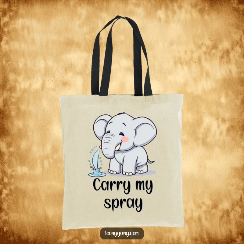 Funny Elephant Tote Bag: Adorable comical elephant giggles while spraying water, perfect for shopping.