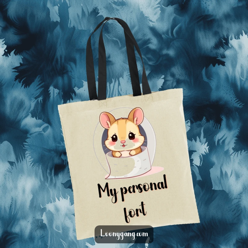 Funny hamster cub comically stuck inside a toilet paper roll, perfect for a durable and humorous tote bag.